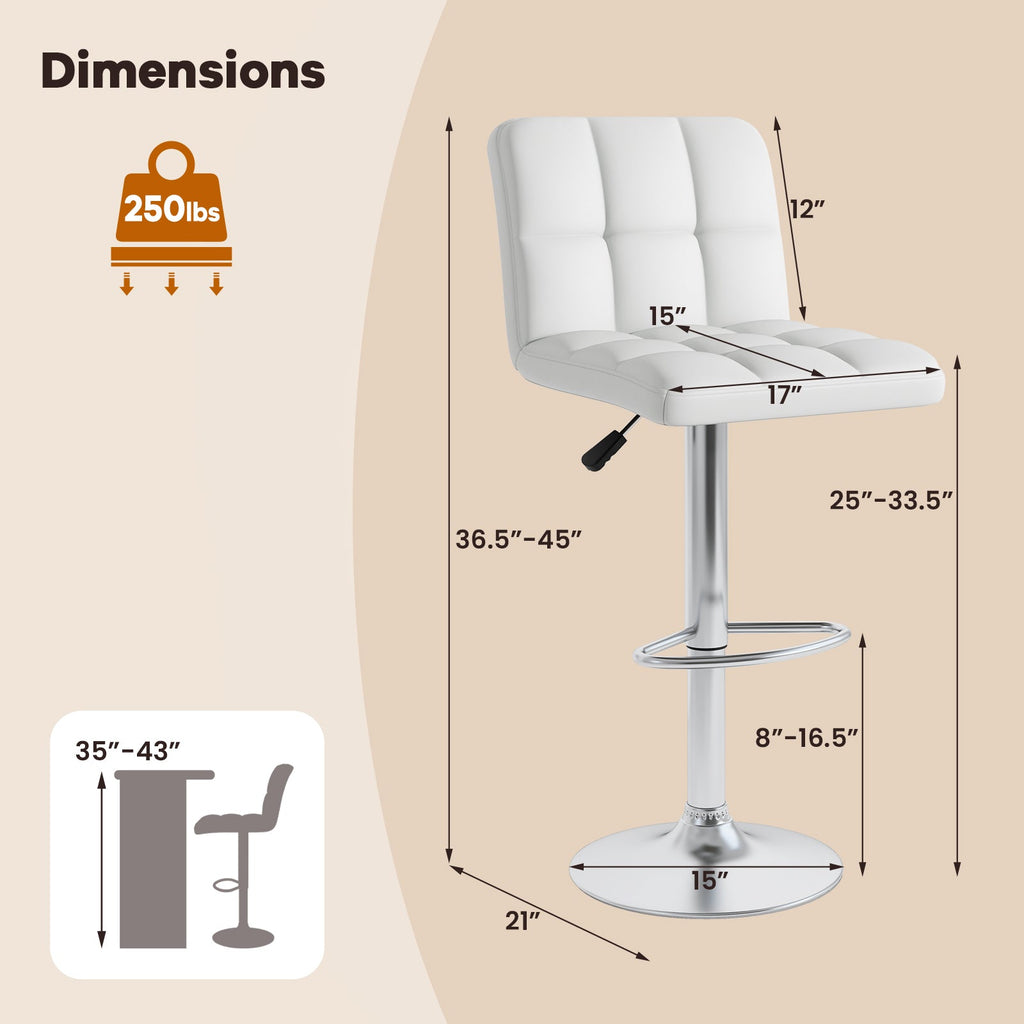 Set of 2 Square Swivel Adjustable PU Leather Bar Stools with Back and Footrest-White