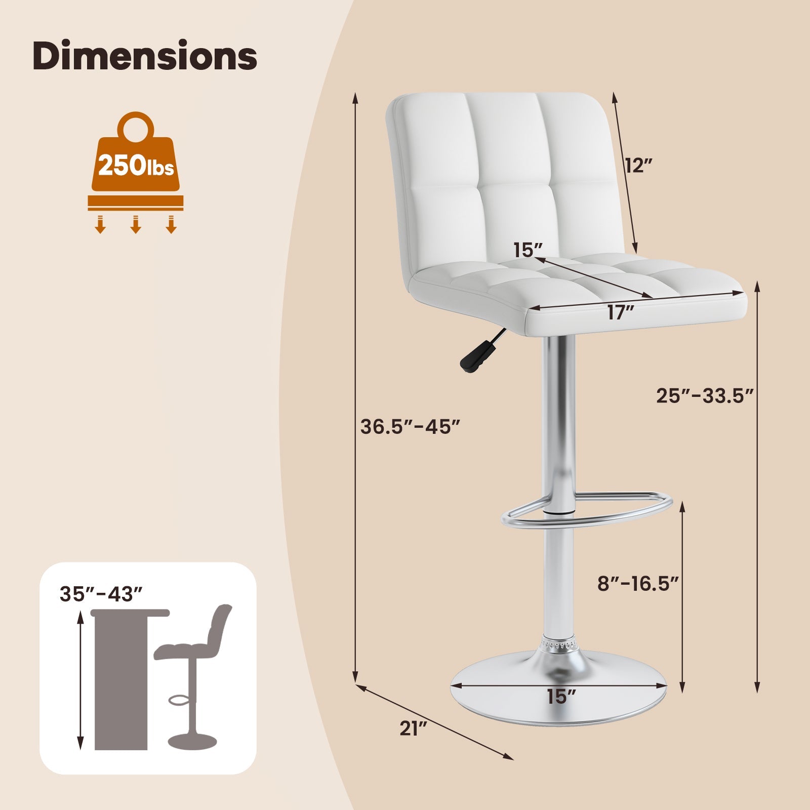 Set of 2 Square Swivel Adjustable PU Leather Bar Stools with Back and Footrest-White