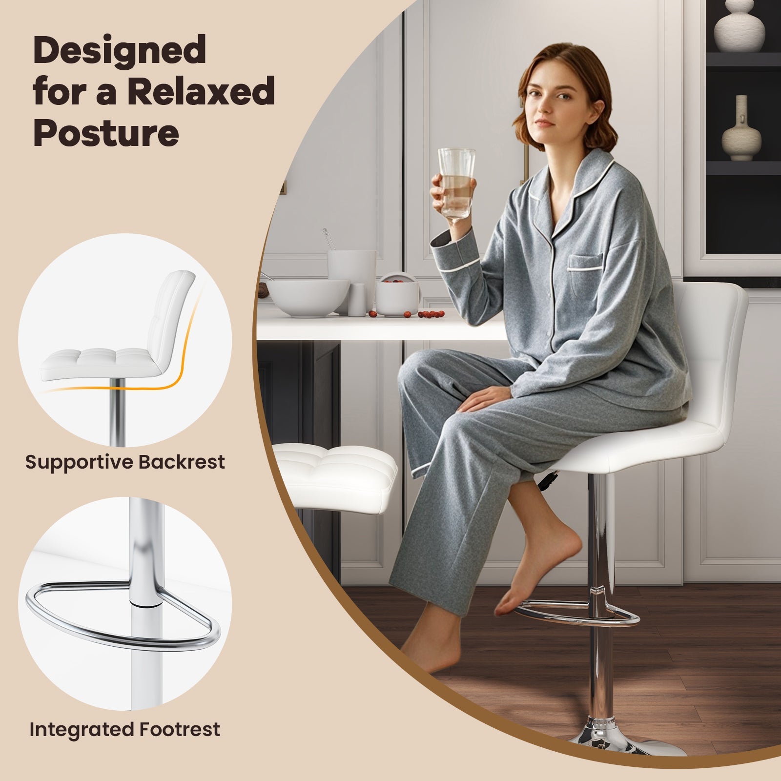 Set of 2 Square Swivel Adjustable PU Leather Bar Stools with Back and Footrest-White