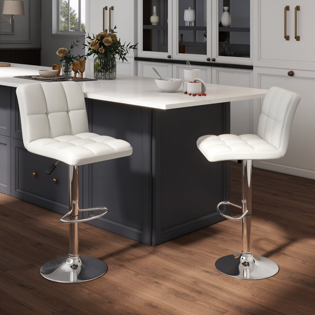 Set of 2 Square Swivel Adjustable PU Leather Bar Stools with Back and Footrest-White