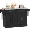 HOMCOM Portable Kitchen Island Cart, Black, on Wheels with Stainless Steel Top, Storage Cabinets, Spice Rack