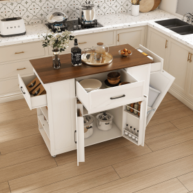 46" Kitchen Island on Wheels with Storage & Power Outlet - Movable Rustic Breakfast Bar Table
