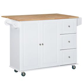 HOMCOM Kitchen Island, White, Wheels, Drop Leaf Top, Towel/Spice Rack, Drawers, Cabinet, Versatile Storage