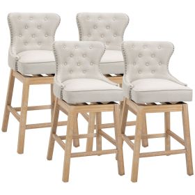 HOMCOM Bar-Height Upholstered Fabric 180Â°Swivel Stools Set of 4 Cream with Nailhead Trim for Pub Areas