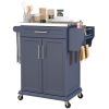 HOMCOM Rolling Island on Wheels, Small Kitchen island cart with Storage, Stainless Steel Countertop for Dining Room, Deep Blue