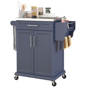 HOMCOM Rolling Island on Wheels, Small Kitchen island cart with Storage, Stainless Steel Countertop for Dining Room, Deep Blue