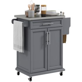 HOMCOM Kitchen Island on Wheels, Gray, with Drawer, Stainless Steel Top, Utility Cart with Towel & Spice Rack