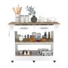 Delos Kitchen Island White, Six Casters, Two Drawers, Lower Open Shelf