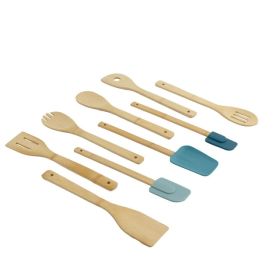 9-Piece Bamboo & Silicone Kitchen Utensil Set â€“ Heat-Resistant, Non-Stick Safe, Blue Accents