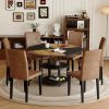 Table and chair set.A 47.3-inch diameter modern spliced color circular dining table - double-layer storage.Paired With 6 brown technology fabric dinin