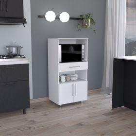 Kitchen Pantry 48" H, Two Open Storage Shelves, One for Microwave, Two Doors, Four Legs, White