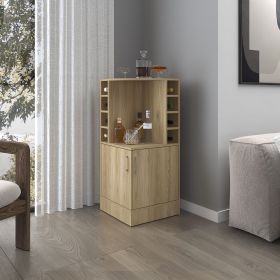 FM FURNITURE Toyei Corner Bar Cabinet with Bottle Rack, Open Shelves, and Hidden Storage, Natural Oak