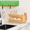 Foldable Two Tier Bamboo Dish Drying Rack - Foldable Space Saving Drainer with Utensil Holder High Quality Kitchen Countertop Organizer for Small Spac