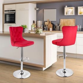 Set of 2 Velvet Bar Stools, Swivel Counter Height Stools with Nailhead Trim and Button Accents, Adjustable Bar Chairs for Kitchen Island, Pub, or Club (Color: Red)