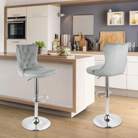 Set of 2 Velvet Bar Stools, Swivel Counter Height Stools with Nailhead Trim and Button Accents, Adjustable Bar Chairs for Kitchen Island, Pub, or Club (Color: Gray)