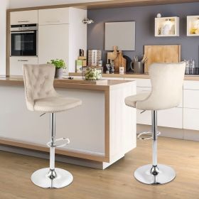 Set of 2 Velvet Bar Stools, Swivel Counter Height Stools with Nailhead Trim and Button Accents, Adjustable Bar Chairs for Kitchen Island, Pub, or Club (Color: Khaki)