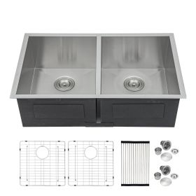 Lordear Undermount Kitchen Sink Double Bowl 18 Gauge Gunmetal Black Stainless Steel Sink (Color: Stainless Steel, size: 33-5/5)