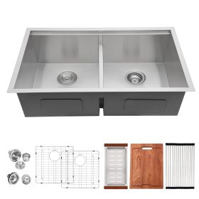 Lordear 33 Inch Undermount Workstation Sink Double Bowl 16 Gauge Stainless Steel Low Divide Kitchen Sink (size: 30-5/5)