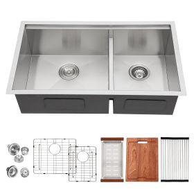Lordear 33 Inch Undermount Workstation Sink Double Bowl 16 Gauge Stainless Steel Low Divide Kitchen Sink (size: 30-6/4)