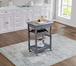 Mobile Rolling Kitchen Island Trolley Serving Cart with Underneath Drawer & Slide-Out Wire Storage Basket (Main Material: Wood + Stainless Steel, Main Color: Grey)