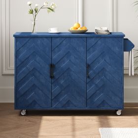 51.2"W 3D Wave Stripes Ash Veneer Kitchen Island with Drop Leaf, Farmhouse Kitchen Island on Wheels with Internal Storage Rack, Rolling Kitchen Cart (Color: Navy Blue, Material: MDF,Pine)