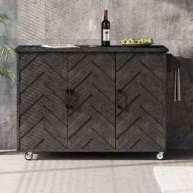 51.2"W 3D Wave Stripes Ash Veneer Kitchen Island with Drop Leaf, Farmhouse Kitchen Island on Wheels with Internal Storage Rack, Rolling Kitchen Cart (Color: Black, Material: MDF,Pine)